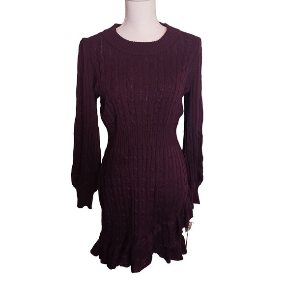 NEW Taylor Petites Cable Knit Ruffled Mini Sweaterdress, Large Petite, Fig - Picture 3 of 14